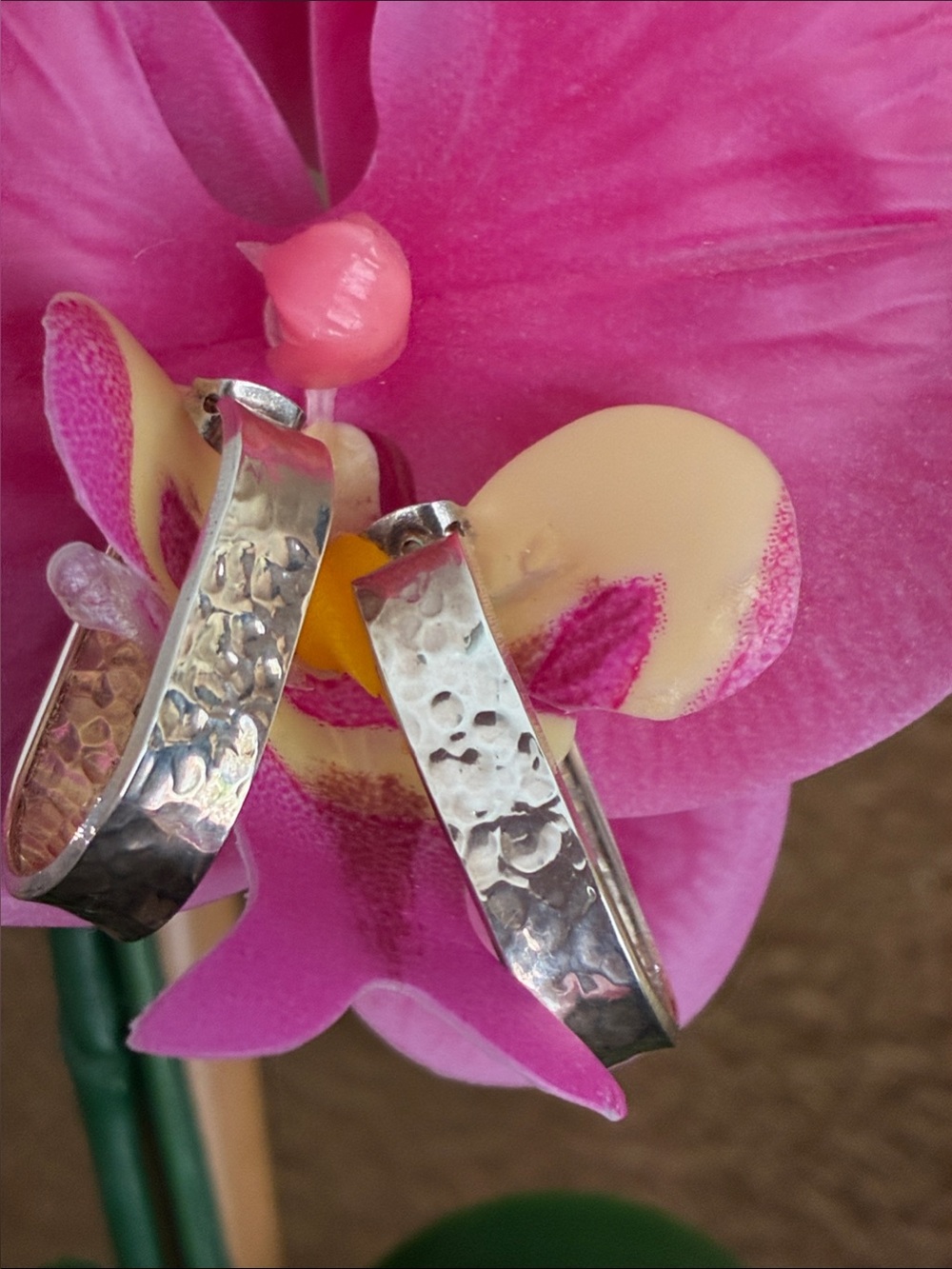 Hammered Sterling Silver Hoop Earrings with Pink Accent